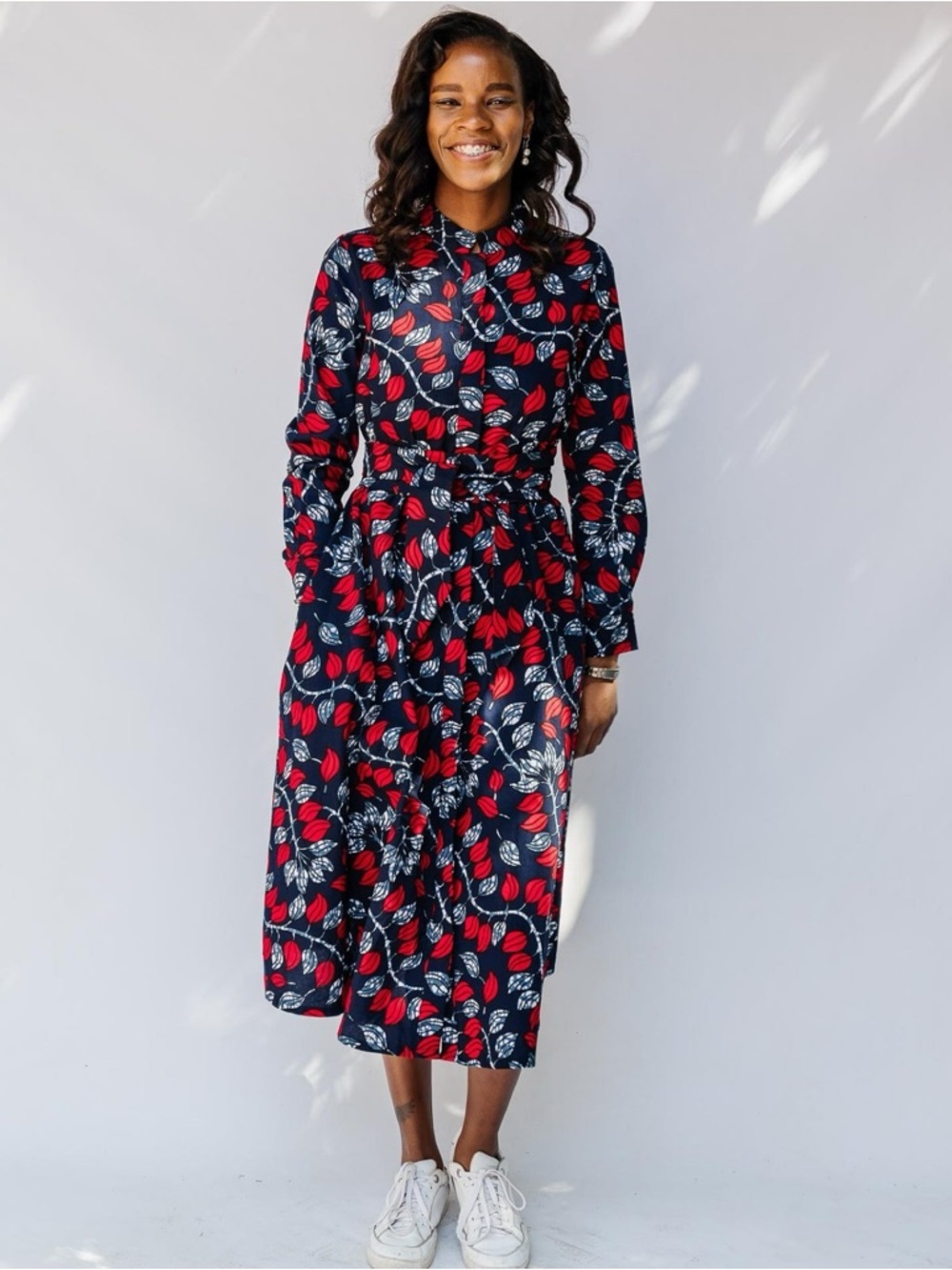Zuri Nightshade Midi Shirt Dress Belted African Print Cotton Button Down Size L​